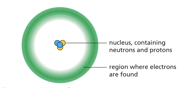 <ul><li><p>protons (+ charge) and neutrons (no charge) which are in the nucleus</p></li><li><p>electrons (- charge) surround the nucleus</p></li></ul><p></p>