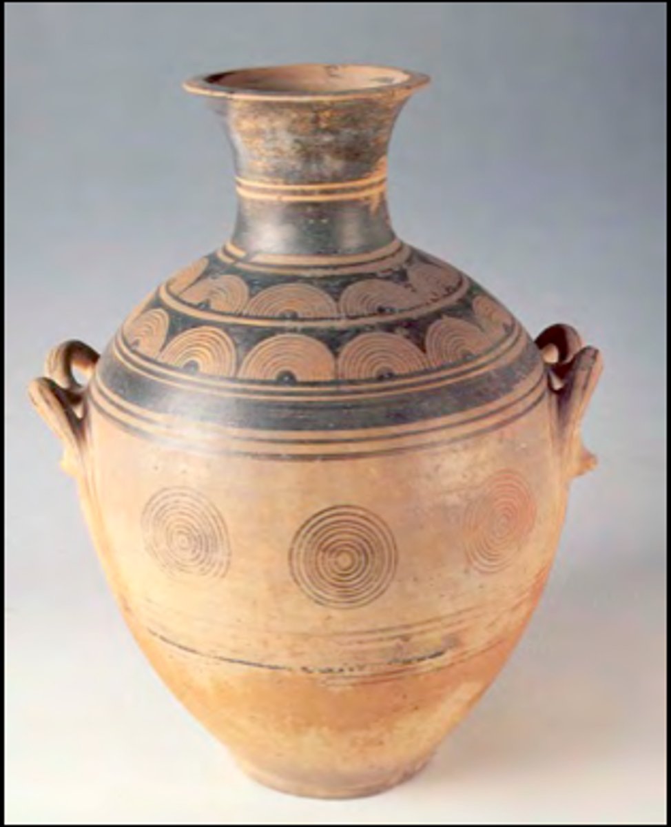 <p>Ceramic vessel from the Early Geometric period (ca. 1000-900 BCE) featuring precise, compass-drawn concentric circles that reflect order and symmetry after the collapse.</p>