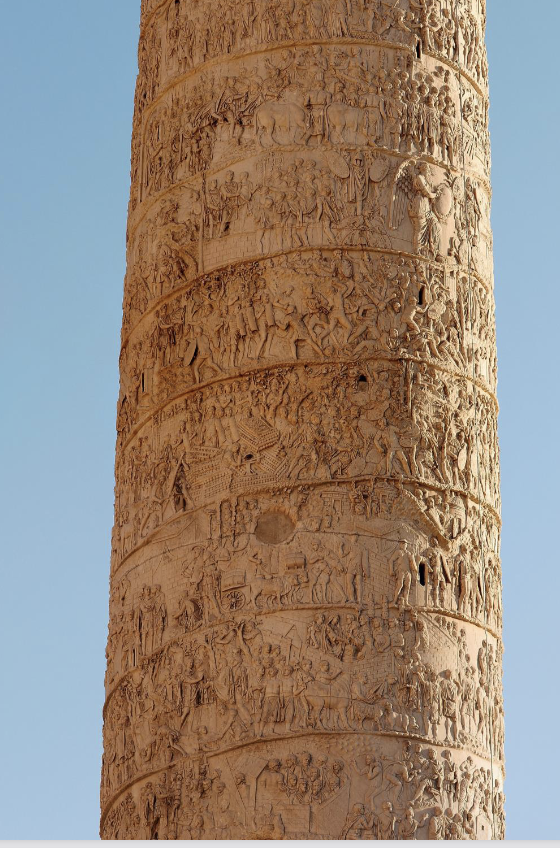 <p><span style="color: rgb(204, 43, 43);"><span>Detail of the spiral frieze of the Column of Trajan,<br>Forum of Trajan, Rome, Italy, dedicated 112 CE<br></span></span></p>