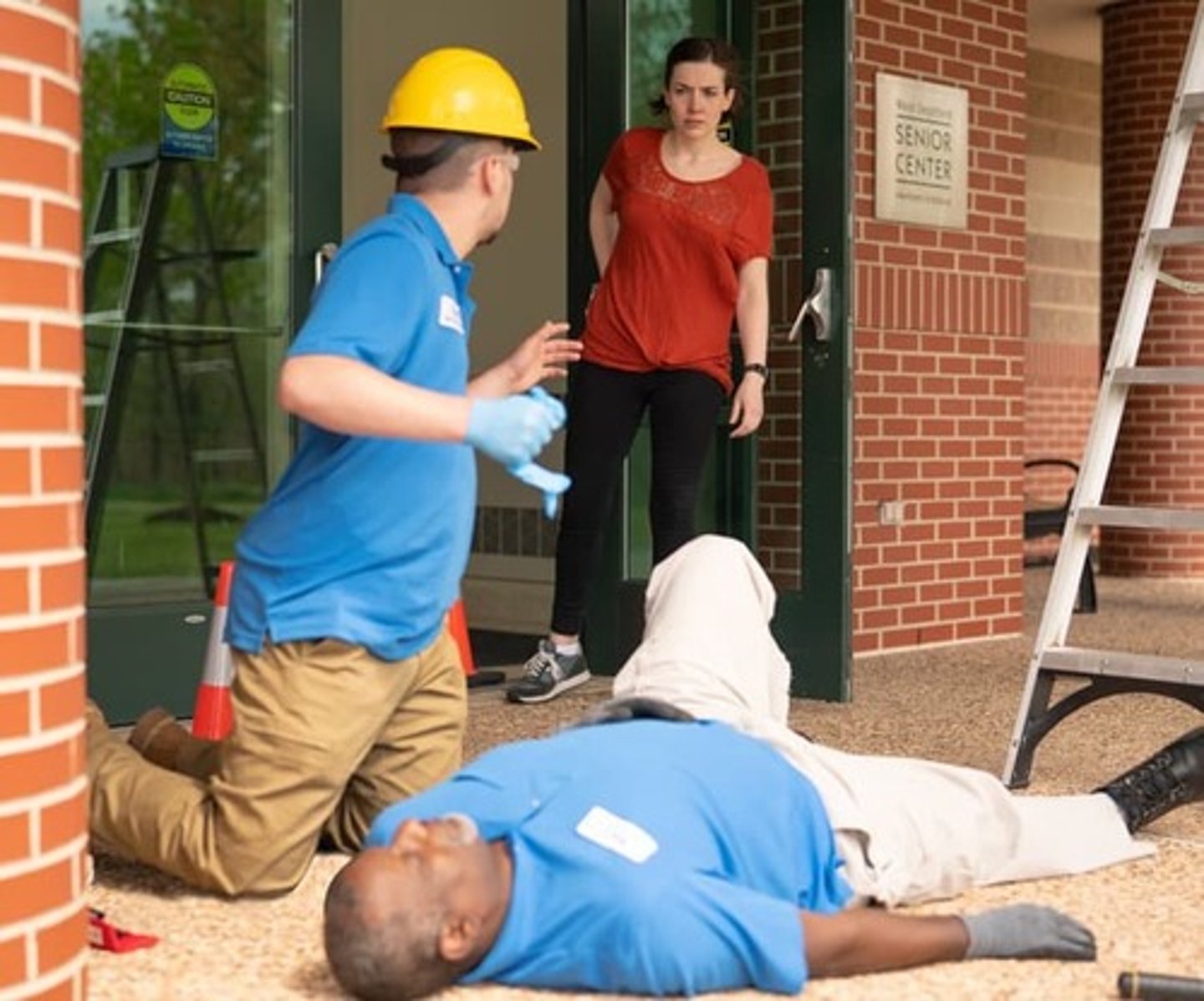 <p>- Call 9-1-1 and get equipment or tell someone to do so</p><p>Benjamin knows from the initial impression that Cole fell from a height greater than the person's own height, which is a risk for a head, neck or spinal injury. If, during the initial impression, you determine that the person appears to be experiencing a head, neck or spinal injury, immediately call 9-1-1, get the equipment and give general care for the condition found.</p>