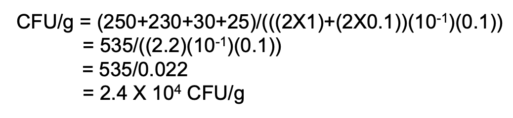 <ul><li><p>CFU = total C in plates with valid counts / [(n1 × 1) + (n2 × 0.1)] (D1) (vol plated)</p></li></ul><p></p>