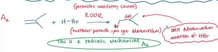 <p>H-Br, ROOR (t-Bu-O-O-t-Bu) [peroxide]</p>