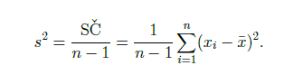<p>míra variability</p><p>průměr součtu čtverců (součet čtverců = součet druhých mocnin rozdílů jednotlivých hodnot od průměru) (POZOR! - nedělí se SČ celkovým počtem, ale n-1)</p><p>vlastnosti:</p><ul><li><p>lze ho počítat jen na kvantitativních znacích; pokud sledovaný znak označuje pořadí, tak (podobně jako v případě průměru) rozptyl lze spočítat, avšak získaný údaj se bude vztahovat zase pouze k pořadí, ne k původní veličině, podle které byla měření seřazena.</p></li><li><p>Rozptyl nikdy nemůže být záporný.</p></li><li><p>Pokud je rozptyl roven nule, znamená to, že všechny naměřené hodnoty jsou přesně stejné (tedy rovné průměru).</p></li><li><p>Rozptyl je velmi citlivý na odlehlá pozorování.</p></li><li><p>Podobně jako jsme definovali useknutý a winsorizovaný průměr, můžeme definovat useknutý a winsorizovaný rozptyl, respektive směrodatnou odchylku. Získáme tak ukazatele s vyšší robustností.</p></li></ul>