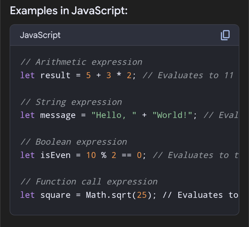 <p>A combination of values, variables, operators, and function calls that, when evaluated, produce a single result. Essentially, it's a piece of code that resolves to a value. </p>