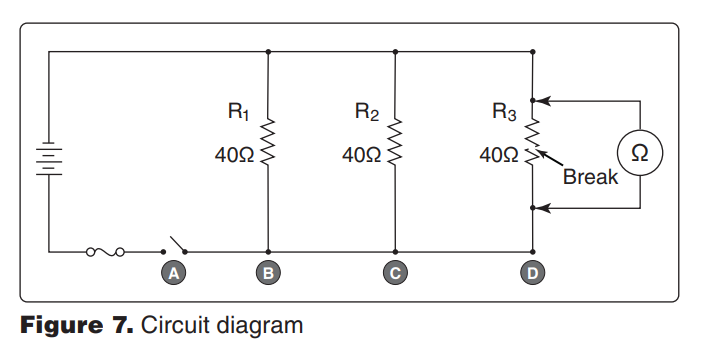 <p>8026. (Refer to Figure 7.) If resistor R3 is disconnected at terminal D, what will the ohmmeter read? </p><p>A—Infinite resistance. </p><p>B—10 ohms. </p><p>C—20 ohms.</p>