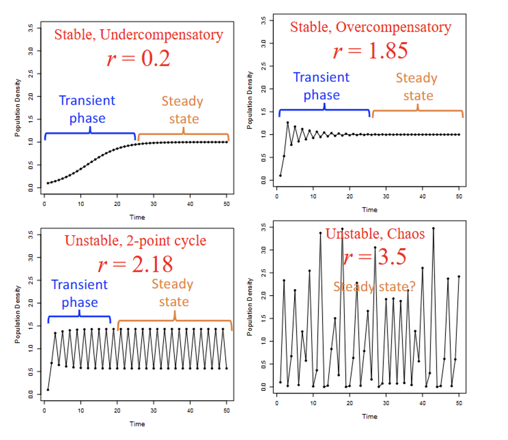 <p>-Approaches steady state faster</p><p>-Overshoots K</p><p>-Steady state dynamics change with r </p><p>&gt;Stable/Cycle/Chaos</p>