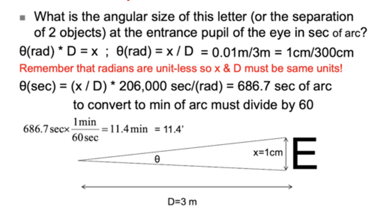 <p>1. rad θ = x/D</p><p>2. rad θ * 206,000 sec/rad = secs of arc</p><p>convert to minutes of arc by dividing by 60</p>
