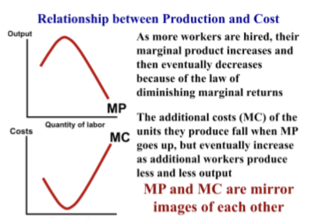 <p>MP and MC are mirror images. MR equals MC (think: in order for there to be revenue, there needs to be cost) </p>