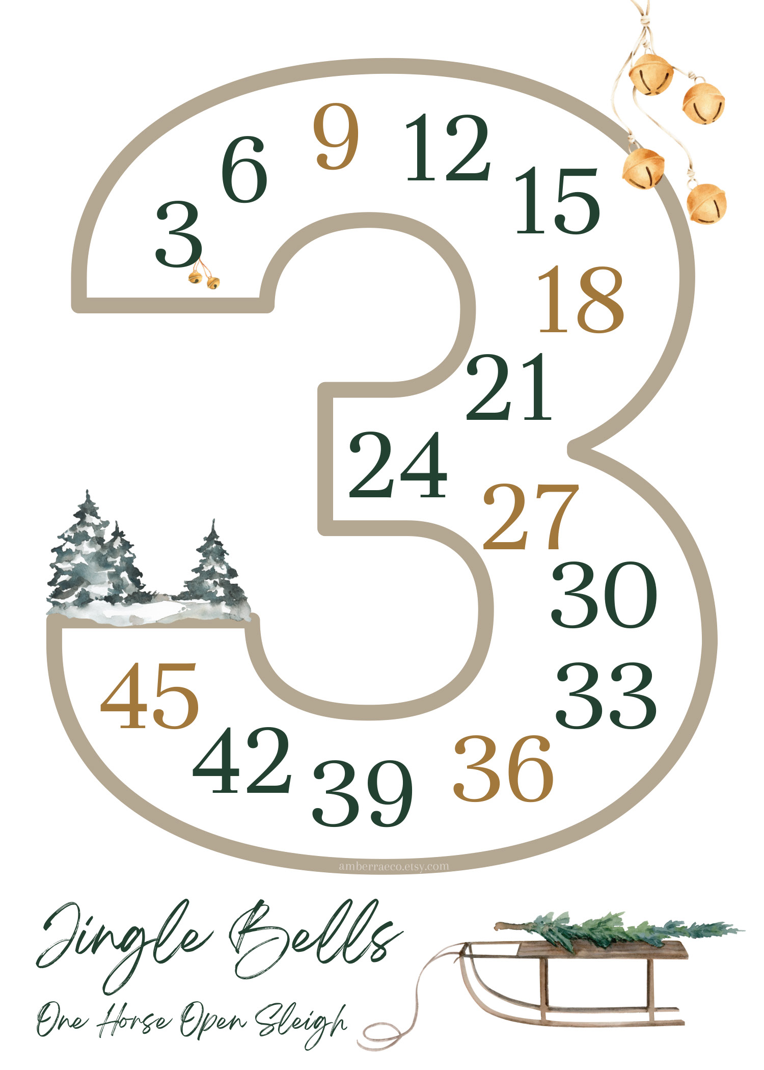 <p>3, 6, 9, 12, 15, 18, 21, 24, 27, 30, 33, 36, 39, 42, 45</p>