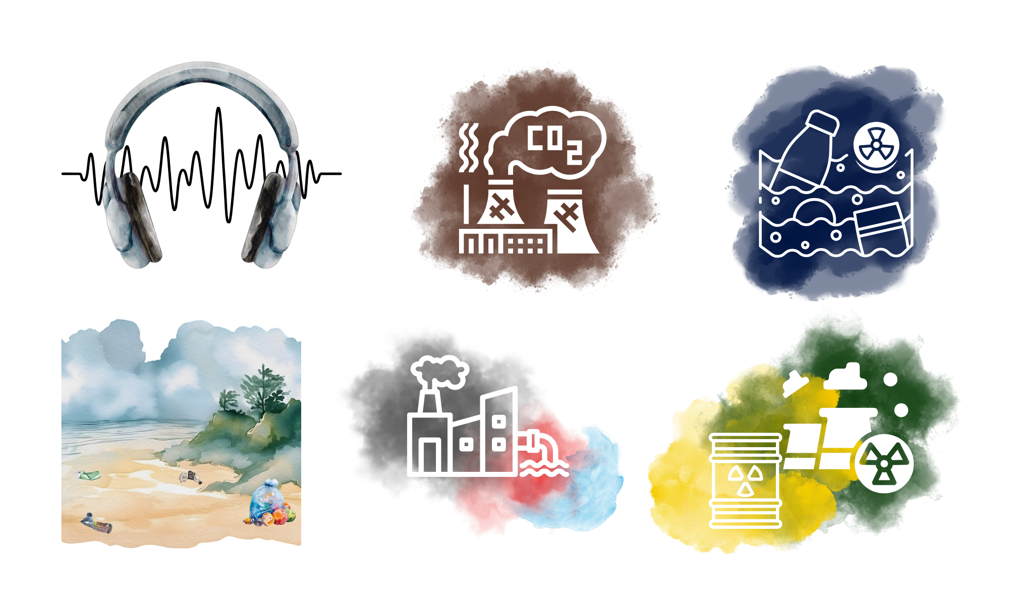 <p>noise </p><p>air</p><p>water</p><p>land </p><p>thermal</p><p>radioactive</p>