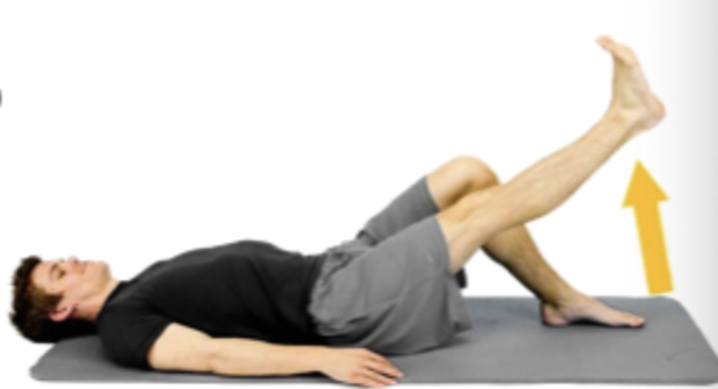 <p>SLR</p><p>pt supine, opposite leg bent</p><p>-quad contraction, lift leg to 45-60 degrees, slowly lower, relax completely</p><p>**watch for loss of full knee extension</p>