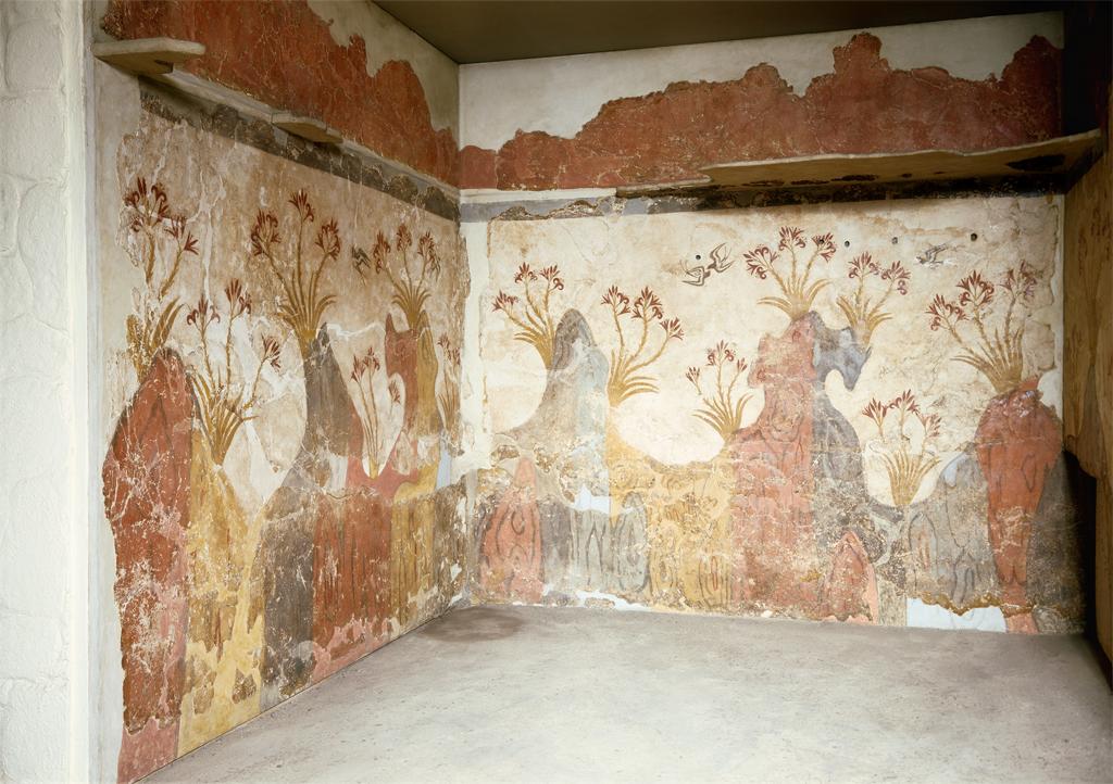 <ul><li><p><span>fresco</span></p></li><li><p><span>rocks are painted unnaturally with stripes</span></p></li><li><p><span>only example of unnatural landscape until Ancient Rome</span></p></li></ul>