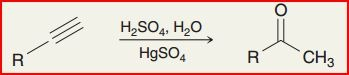<p>Reagents: H2SO4, H2O, &amp; HgSO4</p><ul><li><p>Markovnikov addition of OH to create ketone group enol and ketone are tautomers formed under acidic conditions</p></li></ul><p></p>