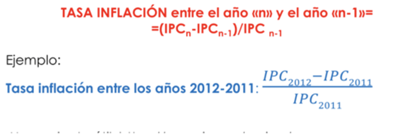 <p>tasa inflación entre un año (n) y otro año (n-1) = (IPCn - IPCn-1)/ IPCn-1</p>