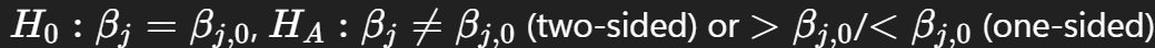 <ul><li><p><strong>Null hypothesis (H₀):</strong> The coefficient equals zero → the variable is <strong>statistically insignificant</strong> (no effect on Y)</p></li><li><p><strong>Alternative hypothesis (H₁):</strong> The coefficient is not zero → the variable is <strong>statistically significant</strong> (has an effect on Y)</p></li></ul><p></p>