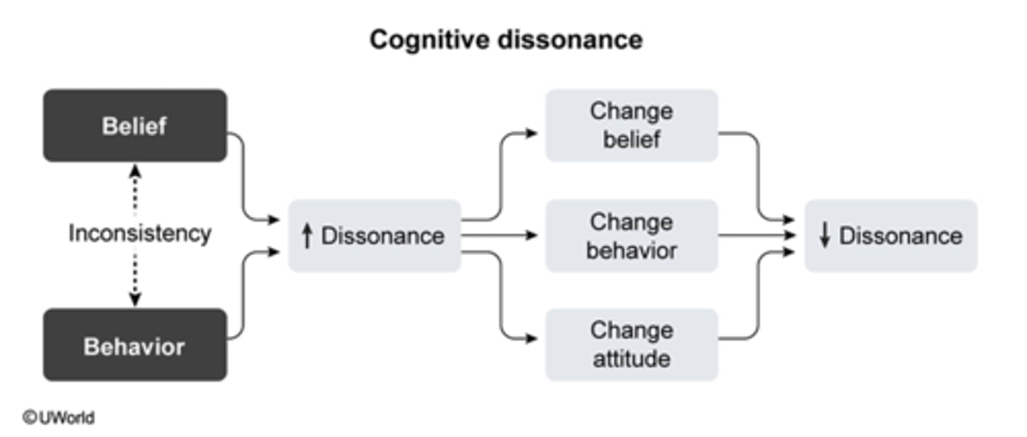 <p>Cognitive Dissonance<br>(ex. running smoker would be motivated to quit smoking)</p>