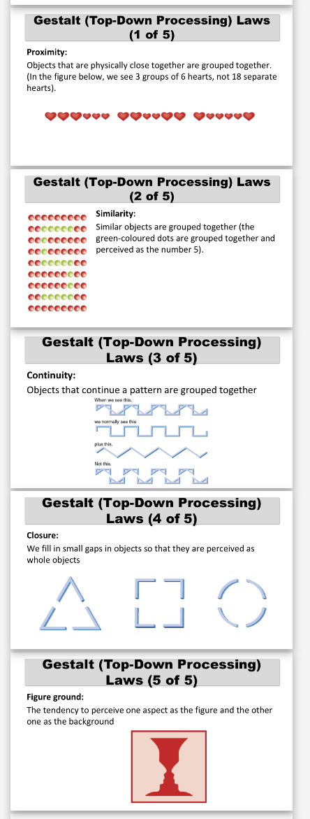<p>Proximity: Objects that are physically close together are grouped together.</p><p>Similarity: Similar objects are grouped together</p><p>Continuity: Objects that continue a pattern are grouped together</p><p>Closure: We fill in small gaps in objects so that they are perceived as whole objects</p><p>Figure ground:The tendency to perceive one aspect as the figure and the other one as the background</p>