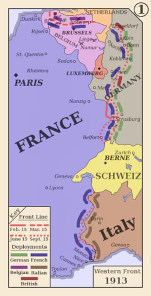 <p>Main area of fighting in World War I; line of trenches and fortifications that stretched from Switzerland to the North Sea.</p>