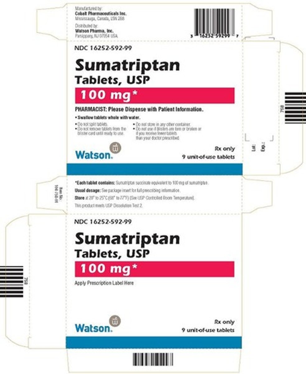 <p>Brand: Imitrex</p><p>Class: 5HT1 Agonist</p><p>Indication: Migraine treatment</p><p>Schedule: NCLM</p>