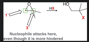 <p>nucleophile attacks the tertiary carbon as the dominant factor is electronic effect (the tertiary carbon can hold a partial positive charge much better than the primary )</p>