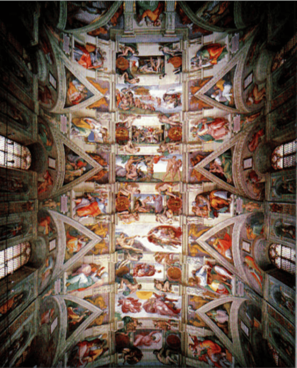 <p>- (1475-1564) •focused on the human body and monumental scale, making him the foremost sculptor of the High Renaissance.</p><p>- His celebrated works include the Pietà (1499) and David (1501-04), carved from a massive marble block and standing five meters tall.</p><p>- Although he saw himself primarily as a sculptor, his monumental frescoes on the Sistine Chapel ceiling (1508-12), depicting scenes from Genesis</p>