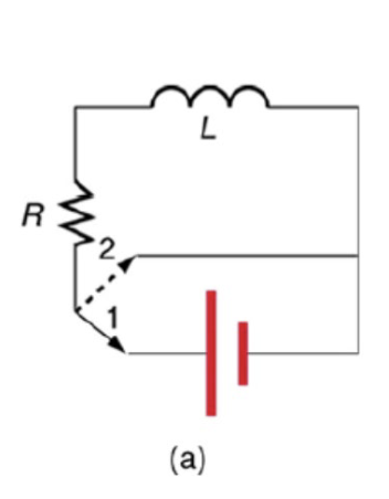 <p>Consider the circuit in figure. Suppose the circuit elements have the</p><p>following values: V = 12.0 V, R = 6.00Ω, and L = 30.0 mH. </p><p>(a) Find the time constant of the circuit. </p><p>(b) The switch is at position 1; calculate the maximum current in the circuit.</p>