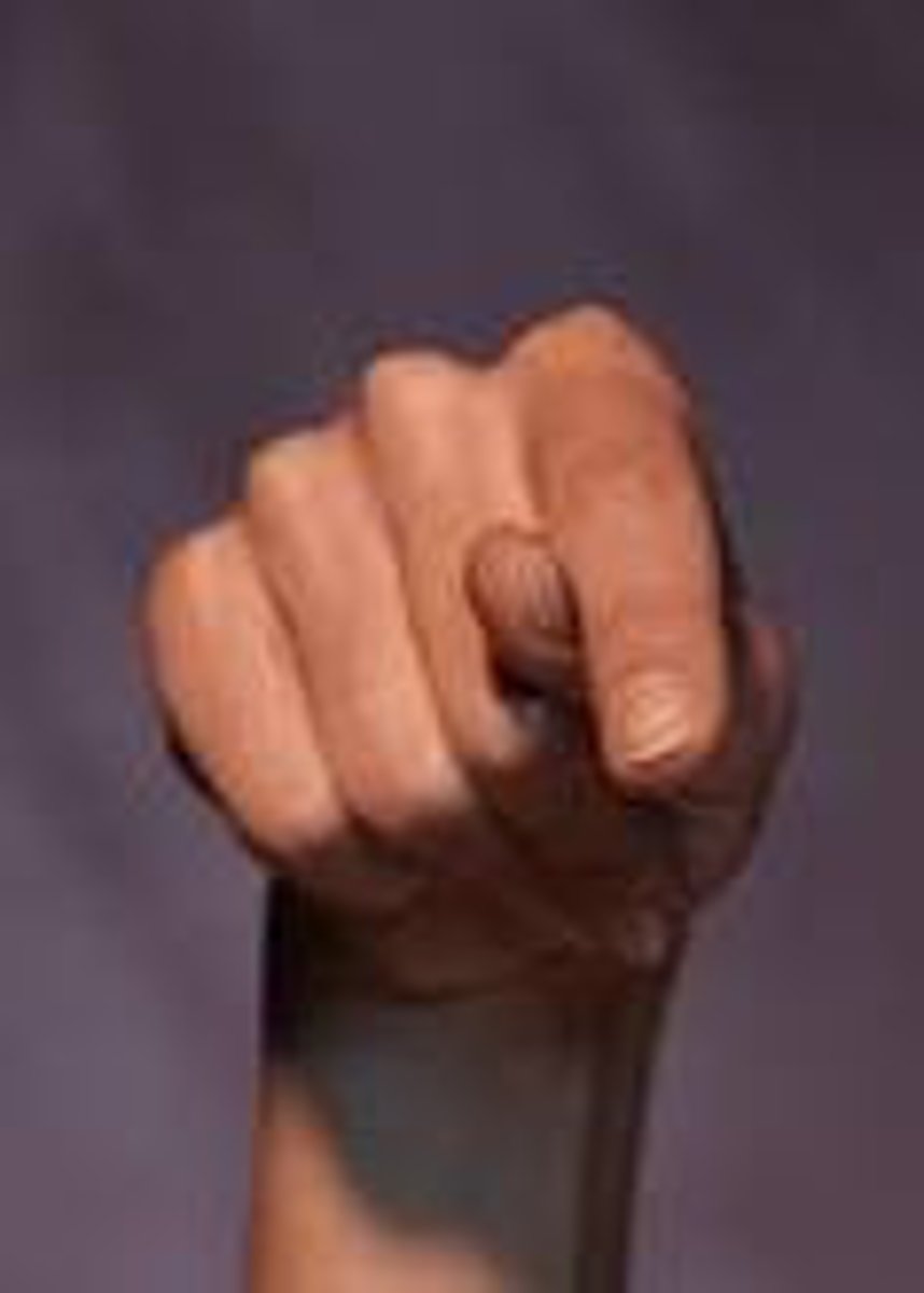 <p>Middle, ring and little fingers are fold down across palm. Thumb is folded across middle finger. Index finger is folded over thumb.</p>