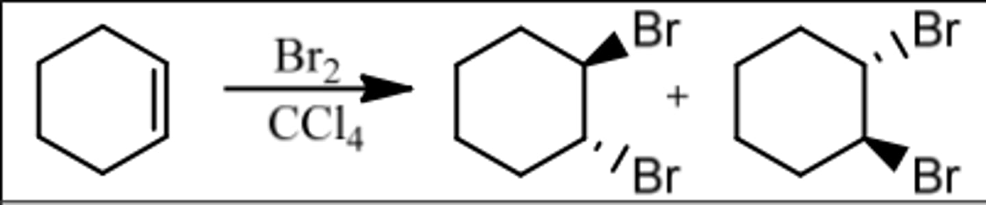 <p>Reagents: Br₂/CCl₄ (or Cl₂)</p><p>- CCl₄ & Cl₂ are Inert</p><p>What's Added: Br⁺ & Br⁻</p><p>Regioselectivity: -</p><p>Sterioselectivity: Anti Addition</p><p>Intermediate: Bromonium Ion</p>