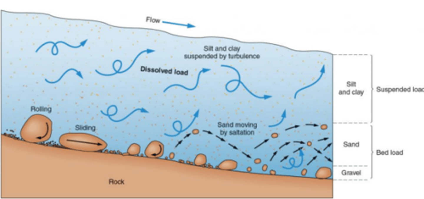 <p>•Verzamelnaam voor transport van sediment over de bodem van de rivier (saltatie + grondtransport).</p>