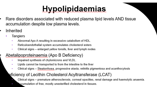 <p>rare disorder associated with <strong>low plasma lipid levels AND tissue accumulation despite low plasma levels. </strong></p>