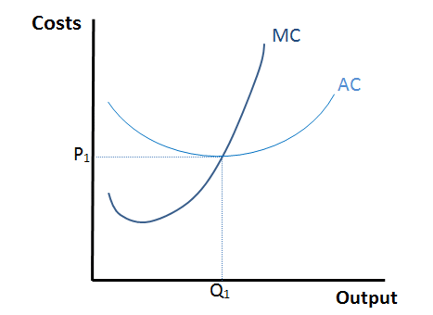 <p>Firm produces at lowest possible unit average cost (MC=AC)</p>