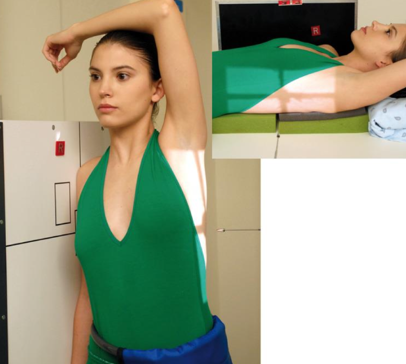 <p>horizontal beam transthoracic lateral humerus</p><ul><li><p>UNAFFECTED limb over head&nbsp;</p></li></ul><p></p>