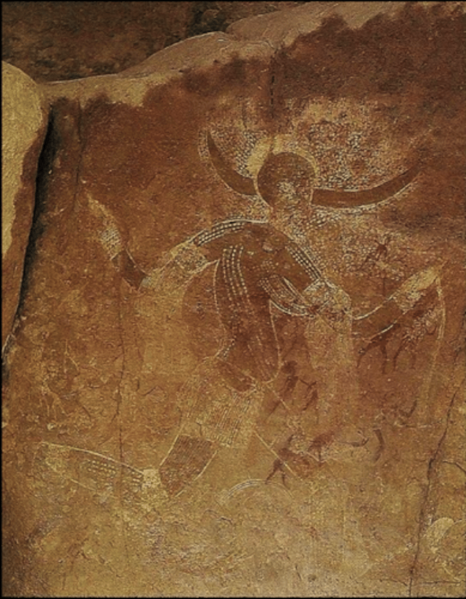 <p>6000-4000 BCE, pigment on sandstone/pictograph, running female figure in twisted/composite perspective, human form is naturalistic + there's movement, ritual or ceremonial use and used to emphasize the importance of survival, it was found in a secluded and remote area high in the mountains, maybe indicating a more religious use</p>