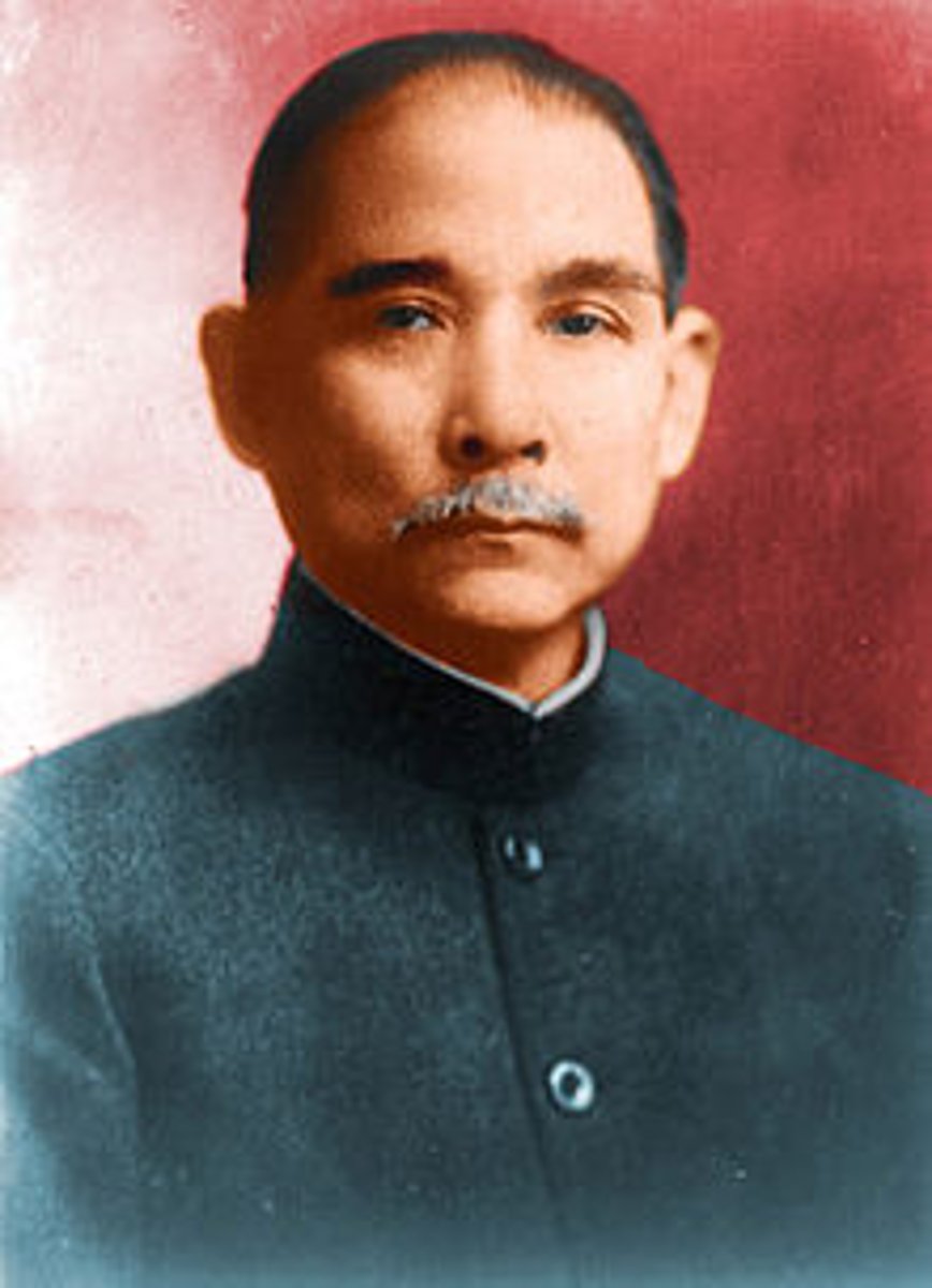 <p>(1866-1925); Chinese revolutionary leader, of scholar-gentry background.</p><p>(1866-1925) Chinese nationalist leader who fought to end foreign domination. He formed the Kuomintang, or Nationalist Party, which overthrew the Manchu Dynasty and established a republican form of government in its place. Also known as Sun Yixian. He attempted to create a liberal democratic political movement in China</p>