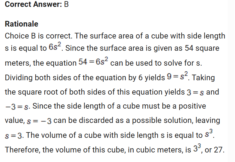 <p>i didn’t know the surface area equation or the volume of a cube equation. The surface area equation is 6s² and the volume of a cube is s³<br>so write out the equation as s=6s² since the surface area is 54 than it can be 54=6s² divide then square root and then plug that number into the volume formula s³</p>
