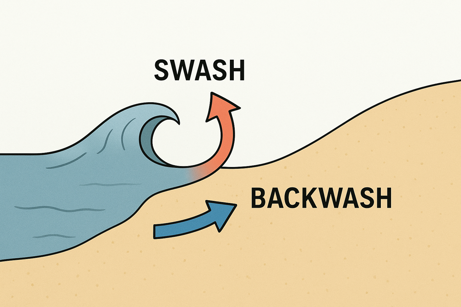 <p><strong>Swash</strong> = water moving up the beach</p><p><strong>Backwash</strong> = water moving down the beach</p>