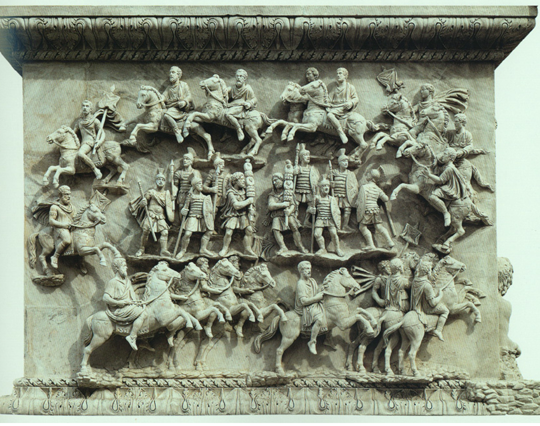 <p>Base of the Column of Antonunus Pius: Decursio at funeral of Antoninus </p>