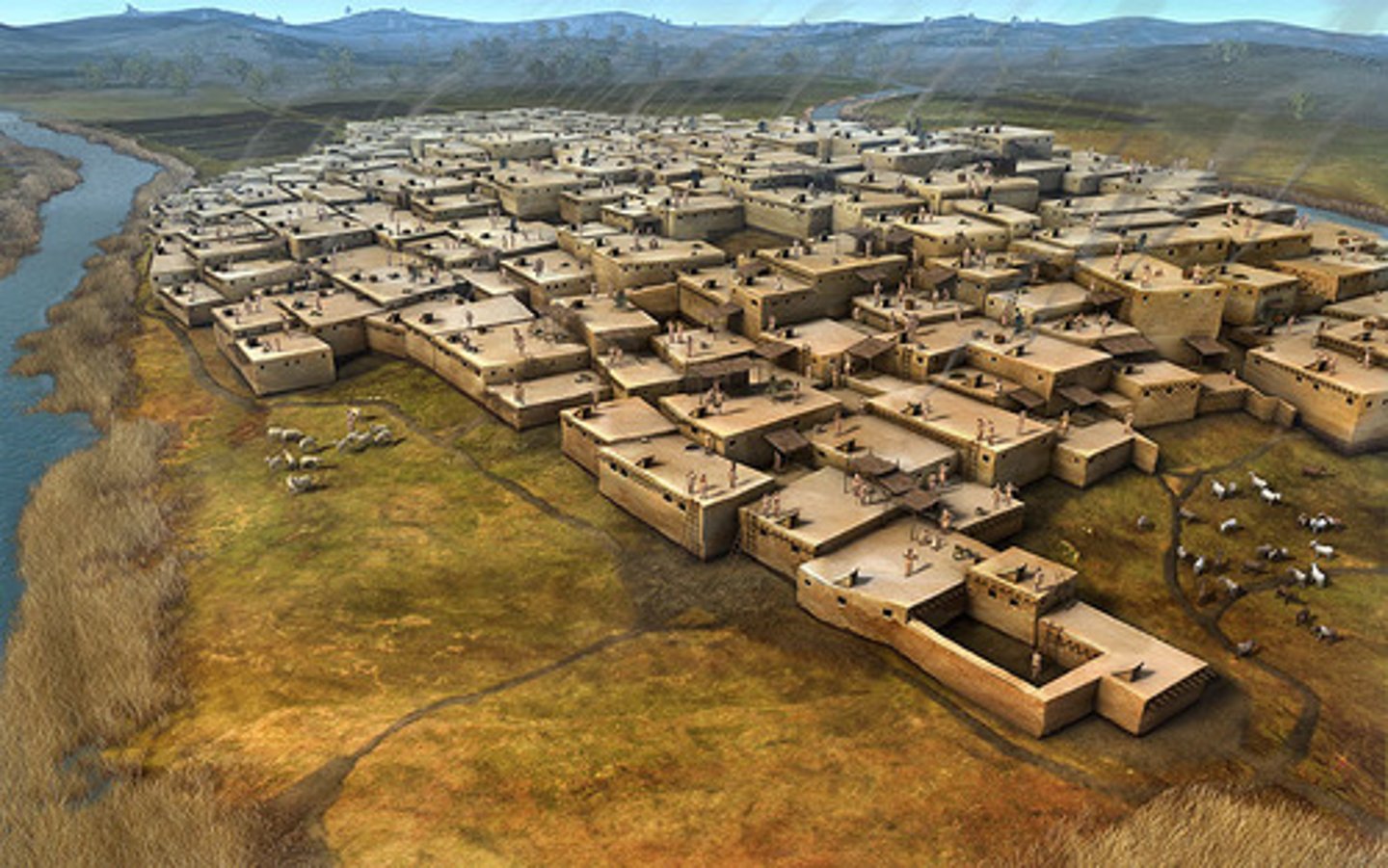 <p>-The town plan was regularly built according to some preconceived plans.<br>-Peculiarity is its lack of streets, and houses adjoining each other and having access only through their roofs.<br>-Houses varying in size and standard plan are constructed of mud-brick walls strengthened by a sturdy timber frame.<br>-Walls &amp; and floors were plastered &amp; and painted and raised platforms along walls served for sleep, work, and eating.<br>-Shrines intermingled with the standard house<br>- richness of interior decoration (wall paintings, plaster reliefs, animal heads, bucrania) on themes connected with fertility and death<br>-Cult statuettes indicate that people believed their gods to have a human form (both male and female)</p>