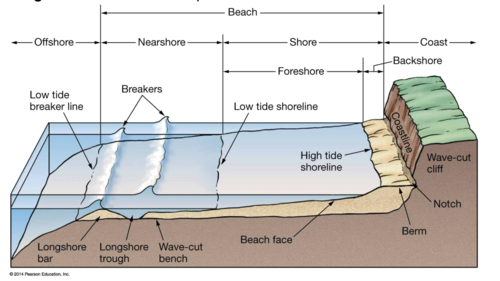 shoreline, foreshore, nearshore, offshore, beach face, berm, notch, etc.