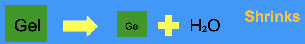 <p>syneresis: shape change as loss of a liquid from a gel causing a reduction in volume </p>
