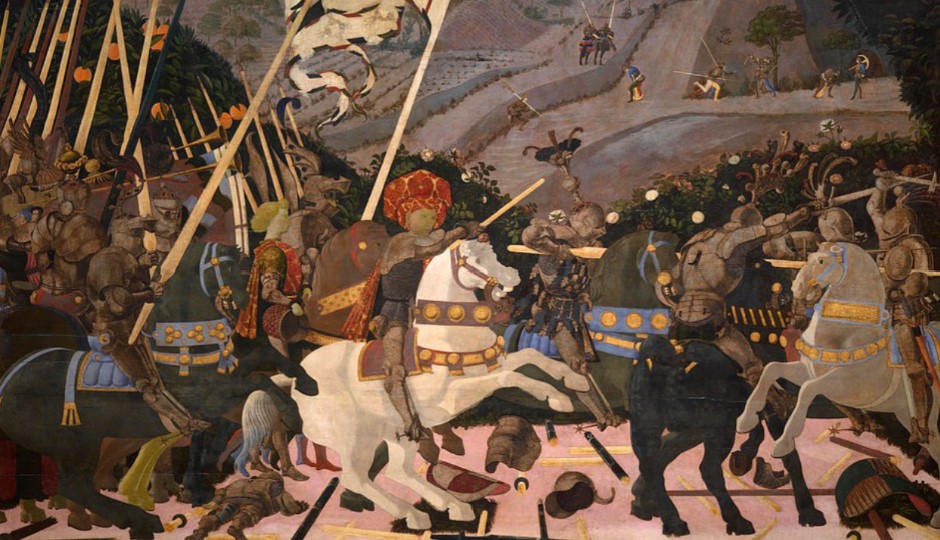 <p>Battle of San Romano, tempera and oil on panel, uccello, 1438-1440, national gallery of london, england</p>
