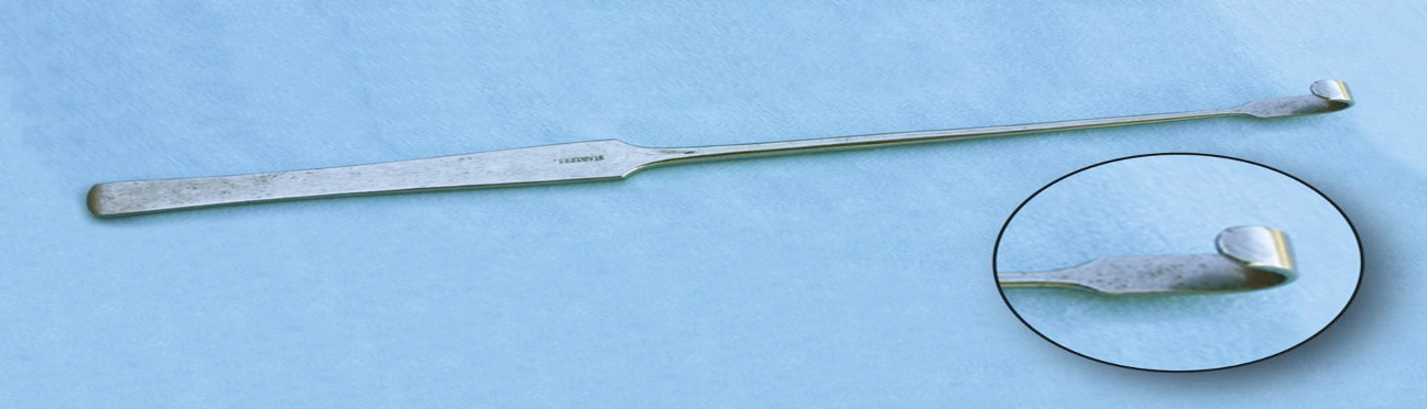 <ul><li><p>retrieves uterine horn</p></li><li><p>allows for small incision</p></li><li><p>8 inches in length</p></li><li><p>flat, rounded hook</p></li></ul>