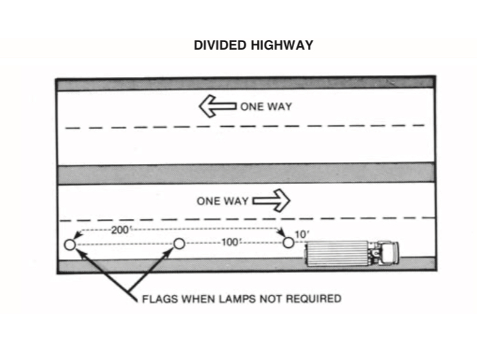 <p>Three flags should be placed behind the trailer 10ft, 100ft, and 200ft from the trailer. </p>