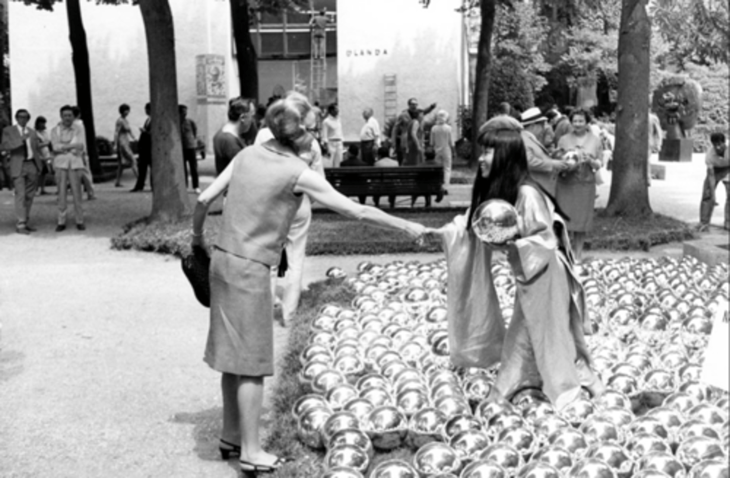 <p>Artist: Yayoi Kusama<br>Period:<br>Dates: Original installation and performance 1966 C.E.<br>Culture:<br>Material: Mirror balls</p>