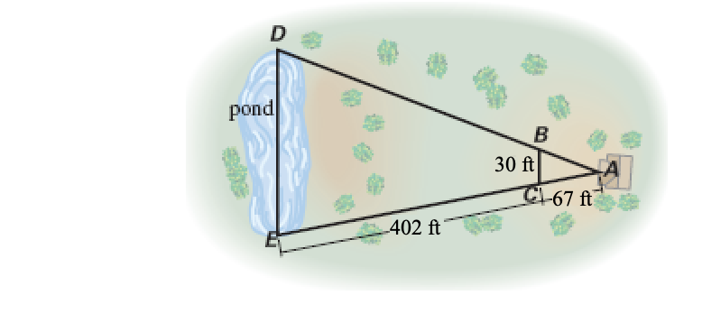 <p><strong>HW 9.2</strong></p><p><strong>Q17) </strong><span><span>If triangles ABC and ADE are similar in this​ diagram, what is the length of the​ pond?</span></span></p>