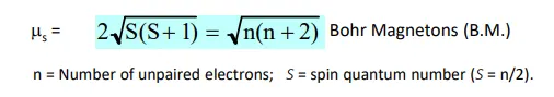 <p>(magentic moment) </p><ul><li><p>measure of the strength of the magnetism of an electron, a consequence of the spin quantum number, causing it to possess a local permanent magnetic moment (acts as a tiny magnet)</p></li></ul><ul><li><p>this results in it trying to align up with the direction of a field</p></li><li><p>this course considers Spin-Only magnetic moments only (beyond this course to consider orbital motion of electrons - have an affect on magnetic moment)</p></li></ul><p>(calculating)&nbsp;</p><ul><li><p>see attached formula - for calculating expected magnetic moment (for a complex with known number of unpaired electrons)&nbsp;</p></li><li><p>can also work backwards to find number of unpaired electrons</p></li><li><p>expected moment will differ from tabulated data (as we consider Spin-Only) - but roughly the same </p></li></ul><p>(purpose)</p><ul><li><p>allows us to distinguish HS &amp; LS complexes, as it tells us the number of unpaired electrons, which we can input into the Energy Level Diagram to determine the configuration&nbsp;</p></li><li><p>therefore tells us if deltaO &gt; OR &lt; P, AND helps us create Splitting diagrams</p></li><li><p>helps us distinguish shapes of complexes, depending on HS vs LS &amp; no. of unpaired electrons =&gt; due to the usual configurations of shapes</p></li></ul><p></p>