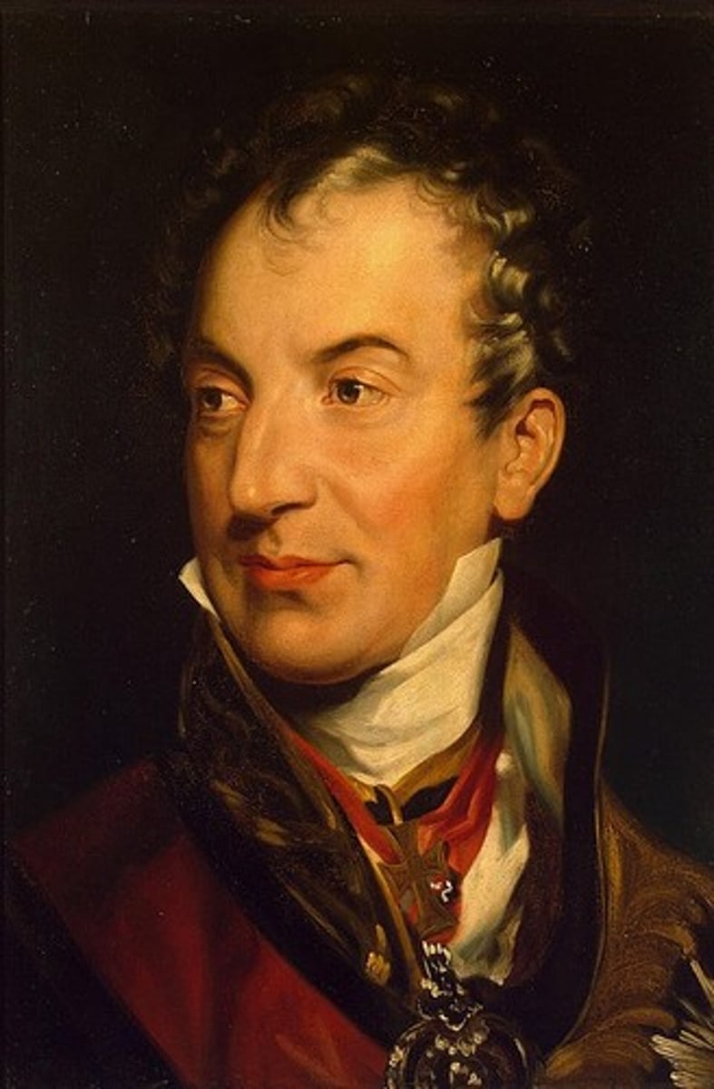 <p>an Austrian statesman and a key figure at the Congress of Vienna. He advocated for conservative principles and the restoration of monarchies.</p>