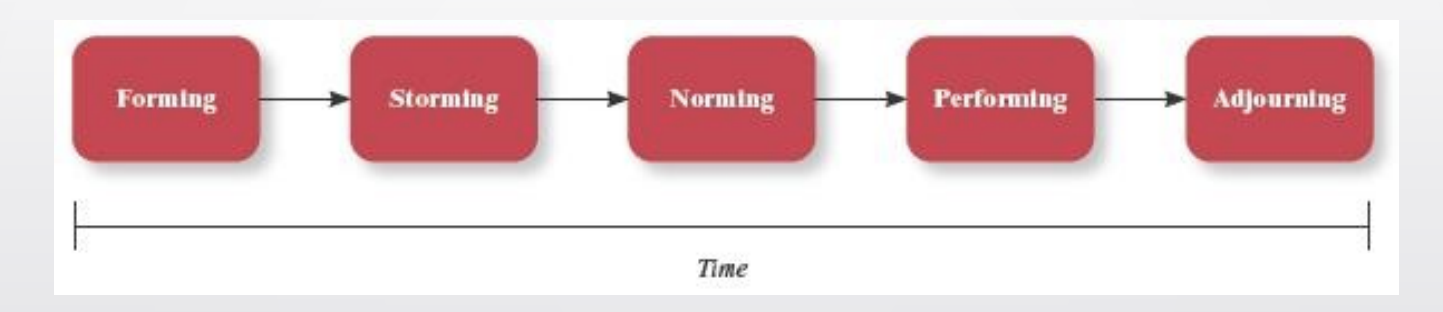 <ol><li><p>Forming — members get a feel for what is expected of them, what behaviors are out of bounds, who is in charge</p></li><li><p>storming — members remain committed to the ideas they bring with them to the team, and conflict may result</p></li><li><p>norming —members begin to cooperate; norms and expectations develop</p></li><li><p>performing —members are comfortable in their roles, the team makes progress towards goals</p></li><li><p>adjourning — members separate, disperse from team</p></li></ol><p></p>