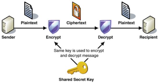 <p>Both the sender and recipient share a <strong>common key</strong> for encryption and decryption.</p><p>-&gt; Also known as private-key encryption</p>