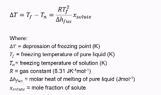 <ul><li><p>When adding a solute the freezing point will decrease</p></li><li><p>Can be modelled by formula seen in picture</p></li><li><p>Freezing is governed by the <strong>chemical potential (μ)</strong> of the solvent:</p><ul><li><p class="ds-markdown-paragraph">At freezing, the chemical potential of the liquid solvent (<em>μ</em><sup>liquid</sup>​) equals that of the solid solvent (<em>μ</em><sup>solid​</sup>).</p></li><li><p class="ds-markdown-paragraph">Adding solute <strong>decreases μ<sup>liquid</sup></strong><sup> </sup>(because solute increases entropy in the liquid phase).</p></li><li><p class="ds-markdown-paragraph">To restore equilibrium (<em>μ</em><sup>liquid</sup>​=<em>μ</em><sup>solid​</sup>), temperature must drop, further reducing <em>μ</em><sup>liquid​.</sup></p></li></ul></li></ul><p></p>